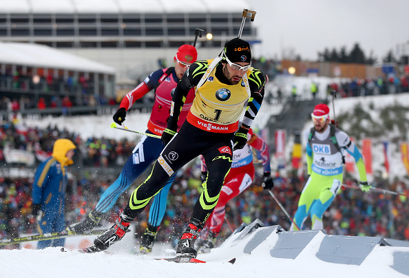 Martin Fourcade led from the front throughout the mass event on his way to a second consecutive World Cup victory ©Getty Images