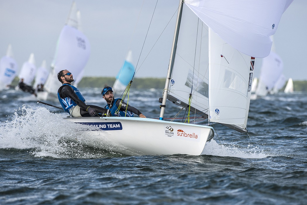 Luke Patience and Eliot Willis lead the men's 470 class on a good day for British sailors ©ISAF