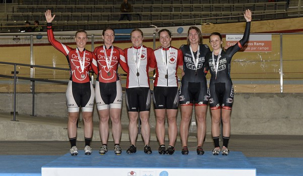 Monique Sullivan and Kate O'Brien celebrate team sprint gold at the Canadian Track Championships ©Cycling Canada