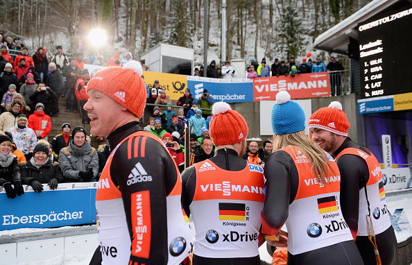 Natalie Geisenberger, Felix Loch, Tobias Wendl, and Tobias Arlt celebrate luge team relay victory at the World Cup in Königssee, Germany ©Getty Images