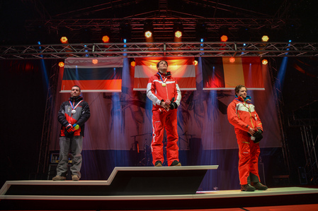 Pascal Fritz stands on the podium after receiving the Alpine skiing giant slalom gold medal ©ÖOC/GEPA