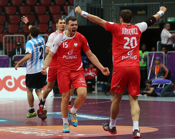 Poland celebrate a goal in their match against Argentina at the Handball World Championships ©Getty Images
