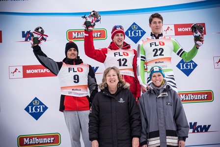 Raphael Haaser (centre, back) celebrates his triumph in the boys' Alpine skiing slalom ©EYOF 2015