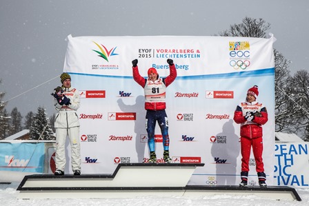 Russia's Sergei Demichev celebrates his gold medal in the boys' biathlon 7.5 kilometres sprint ©EYOF 2015 