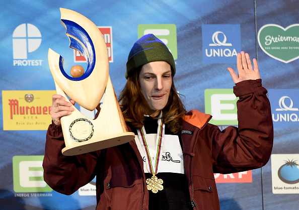 Switzerland's Elena Könz celebrates after claiming the first-ever women's big air world title ©Getty Images