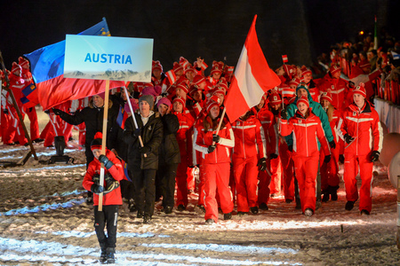 The Austrian and Liechtenstein delegations arrive at the Opening Ceremony of the European Youth Olympic Festival at at the Montafon Nordic Sports Centre ©ÖOC/GEPA