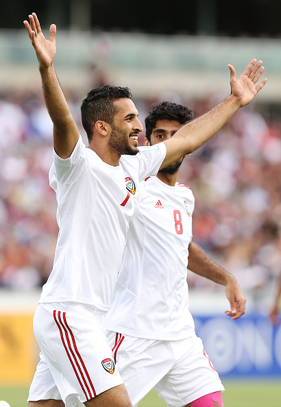 The United Arab of Emirates' Ali Mabkhout scored two goals against Qatar in a 4-1 win ©Getty Images