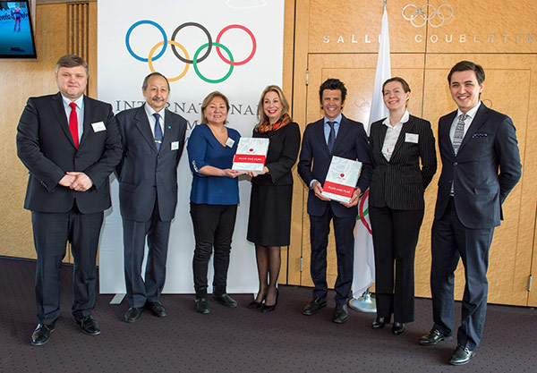 Almaty, along with Beijing, submitted their Candidature Files to the IOC at its headquarters in Lausanne, led by the city's Vice-Mayor Zauresh Amanzholova (pictured in blue) ©IOC