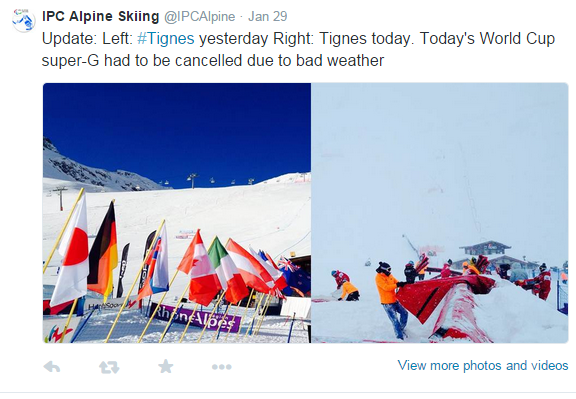A tweet from IPC Alpine Skiing revealing the cancellation of the Super G races ©Twitter