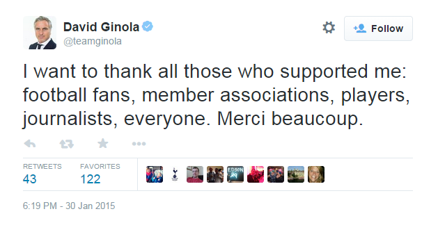 David Ginola thanked everyone who has supported him in a message on Twitter this evening ©Twitter
