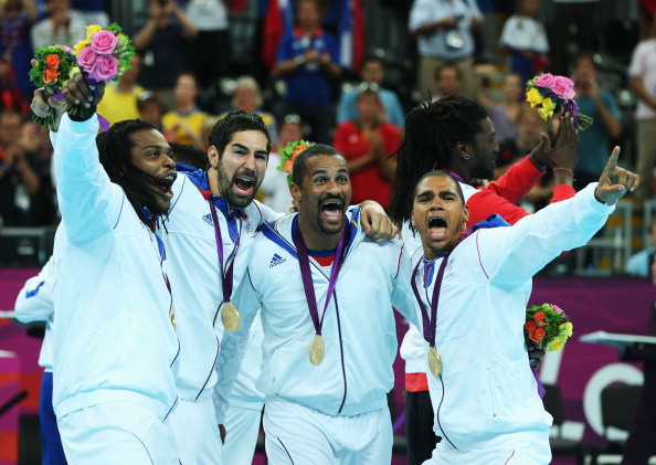 Nikola Karabatić, France's iconic player, pictured second left after the London Olympic victory, says it's his team's "clear goal" to win gold in Qatar ©Getty Images
