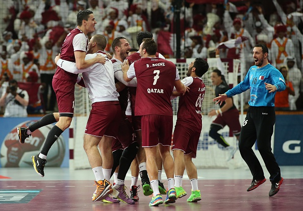 Qatar celebrate a historic first appearance in the World Handball Championships after a quarter-final win over Germany ©Getty Images