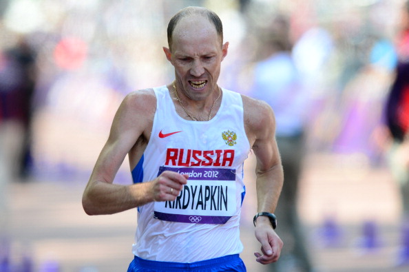Sergei Kirdyapkin, pictured en route to the London 2012 50km race walk gold, is one of five Russian walkers suspended for doping ©Getty Images