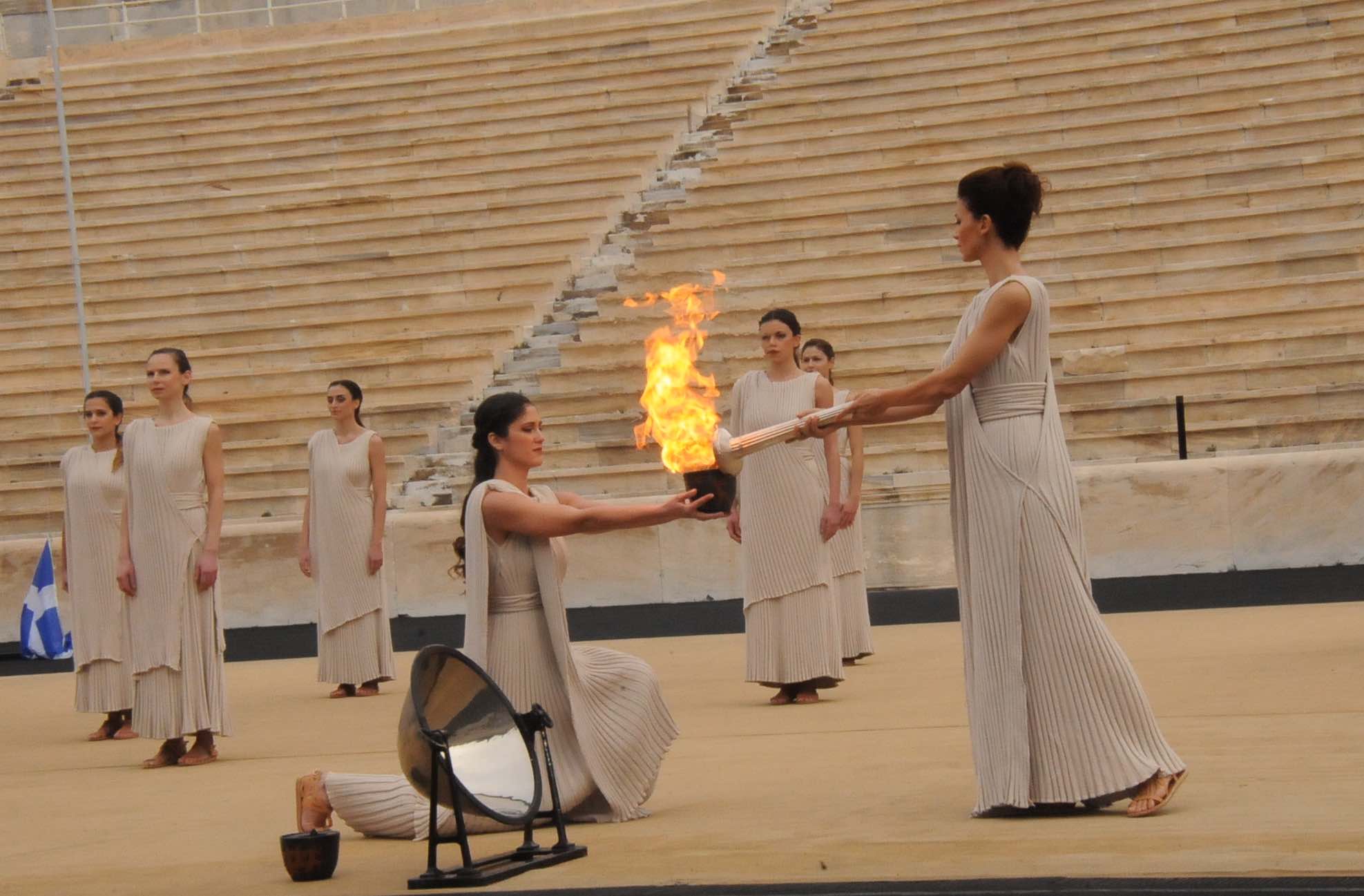The official Flame lighting ceremony at the Panathenaic Stadium marked the first time in history that the Flame was handed to two host countries ©EYOF2015