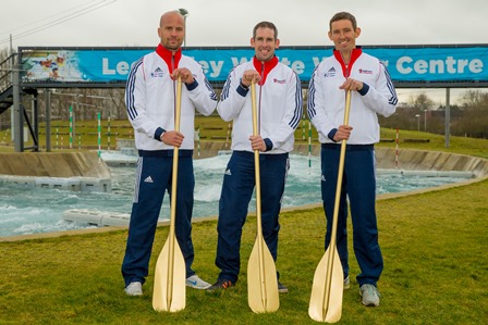 Etienne Stott (centre) with Richard Hounslow (left) and David Florence (right) took part in an open training session at Lee Valley White Water Centre ©British Canoeing