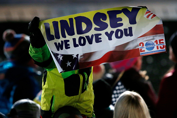 A fan of bronze medal winner Lindsey Vonn holds a sign during the women's Super G medals ceremony ©AFP/Getty Images