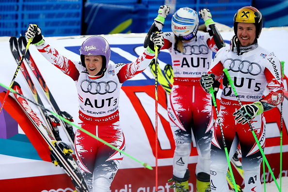 Austria celebrate their success in the nations team event at the FIS Alpine World Ski Championships ©Getty Images 