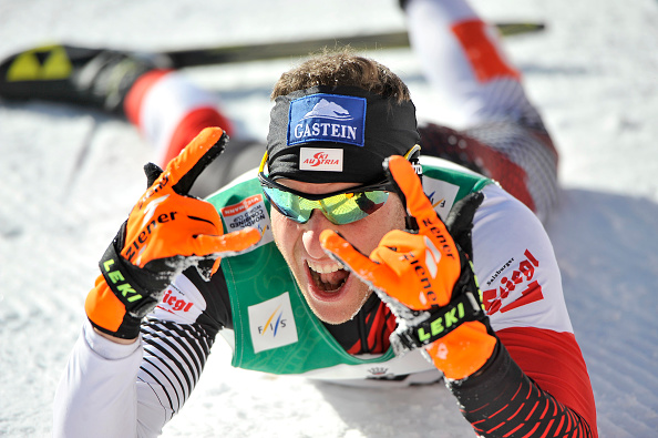 Bernhard Gruber celebrates his second place finish in Val di Fiemme ©Getty Images