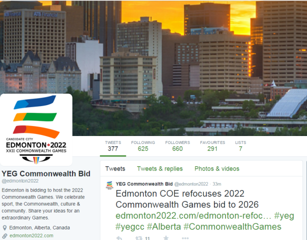 Edmonton announced the withdrawal of its bid to host the 2022 Commonwealth Games on its Twitter page, claiming that it would concentrate instead on 2026 ©Twitter