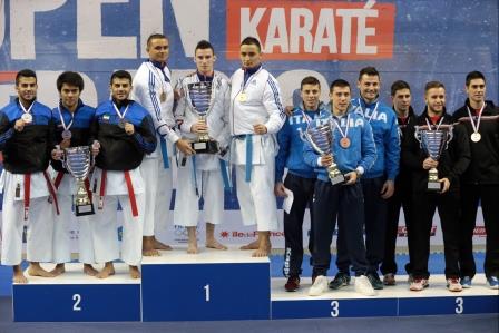 France celebrate their team kata success at the Karate1 Premier League ©FFKDA
