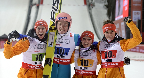 Germany edged Norway to win the mixed team normal hill ski jumping ©AFP/Getty Images