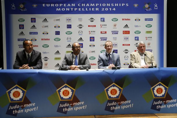 Details of Glasgow's plans for this year's European Judo Championships were presented at the 2014 event by Kerrith Brown (second left), chairman of the British Judo Association, but it has now been cancelled after a sponsorship row ©EJU