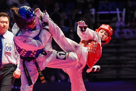 Jade Jones (right) had not competed since the World Taekwondo Federation World Grand Prix Series final in Queretaro, Mexico, last December ©WTF