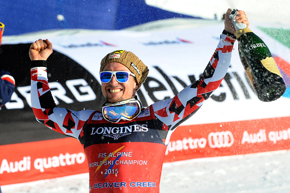Marcel Hirscher celebrates winning the men's combined world title ©Agence Zoom/Getty Images