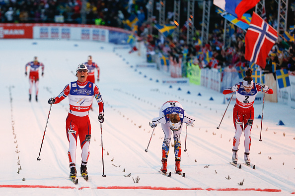 Marit Bjørgen takes first place in the women's cross-country sprint ©Getty Images