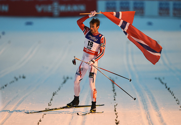Petter Northug Jr celebrates winning the men's cross-country sprint final ©Getty Images