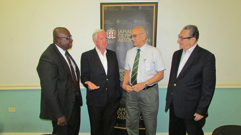 Sir Craig Reedie (second left) pictured with JADCO executive director Carey Brown (left) and chairman R. Danny Williams (right) during his visit as well as JOA President Mike Fennell ©JADCO