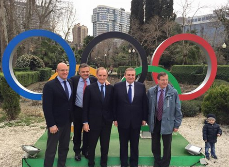 Sochi 2014 chief Dmitry Chernyshenko (left) alongside officials including IOC Executive Board member Rene Fasel and Sochi 2014 Coordination Commission chief Jean-Claude Killy in the Olympic Park today ©Facebook