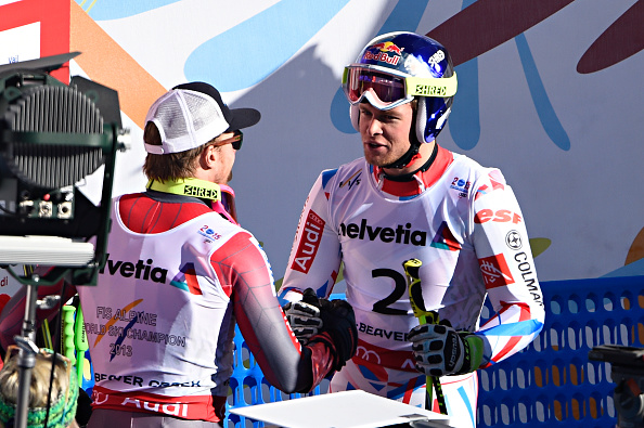 Ted Ligety is congratulated by bronze medallist Alexis Pinturault after his giant slalom win ©Getty Images