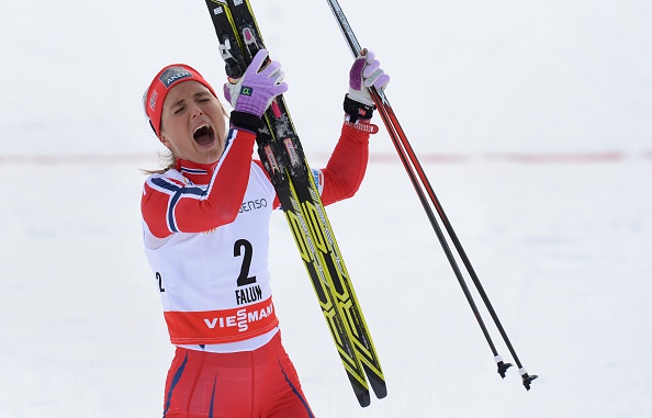 Therese Johaug reacts to winning the women's skiathlon title ©AFP/Getty Images