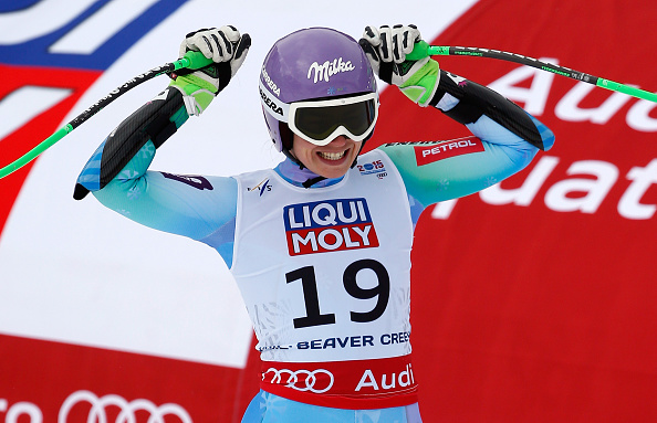 Tina Maze of Slovenia reacts after crossing the finish line en route to a Super G silver medal ©Getty Images