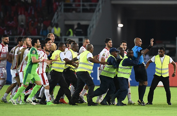 Tunisia were not happy with referee Rajindraparsad Seechurn's decision to award Equatorial Guinea a penalty during their Africa Cup of Nations quarter-final defeat ©Getty Images