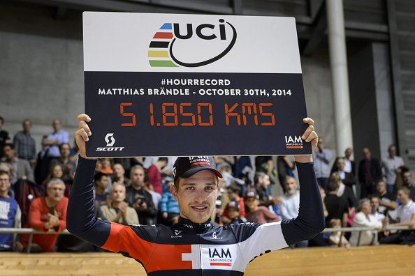 Matthias Brändle celebrates his achievement in setting cycling's official world hour record on October 30 last year ©Getty Images