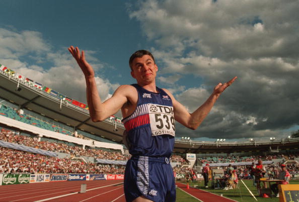 Britain's Jonathan Edwards reacts at the 1995 IAAF World Championships in Gothenburg after setting a triple jump world record of 18.29m which stands today. He is also the M35 World Masters record holder with 17.92 ©Getty Images