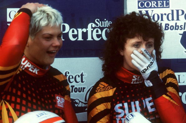 Germany's Gabriele Kohlisch (right) pictured with her brakewoman Kathleen Hering at the 2000 FIBT World Championships in Winterberg as they realise they have won the first two-woman bobsleigh world gold ©Bongarts/Getty Images