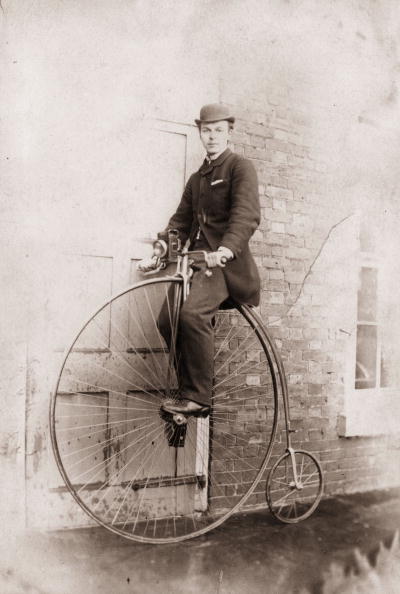 A penny farthing bicycle, with owner Mr A W Burton atop it, pictured in 1870. Six years later Frank Dodds rode a similar machine to set the first officially recorded world hour record ©Hulton Archive/Getty Images
