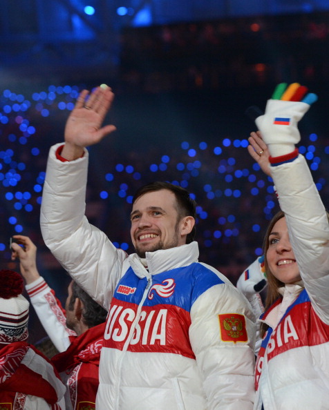Russia's Alexander Tretiakov pictured at the Closing Ceremony of the Sochi Olympics, where he won skeleton gold. He will seek to defend his world title in Germany ©AFP/Getty Images