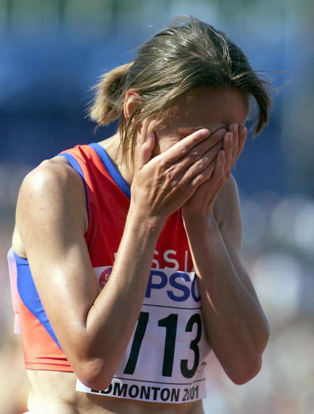 Olga Yegorova pictured after winning the world 5,000m title in Edmonton in 2001, a month after her positive test for banned blood-doper EPO was annulled on a technicality  ©Getty Images