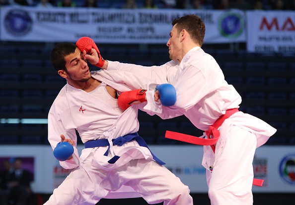 Aliyev Niyazi (right) won the gold medal in the men's kumite under 67kg at the European Karate Championships in Istanbul ©Anadolu Agency/Getty Images