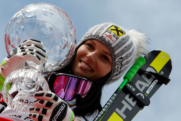 Anna Fenninger clutches the overall FIS World Cup globe after her giant slalom victory in Méribel ©Getty Images