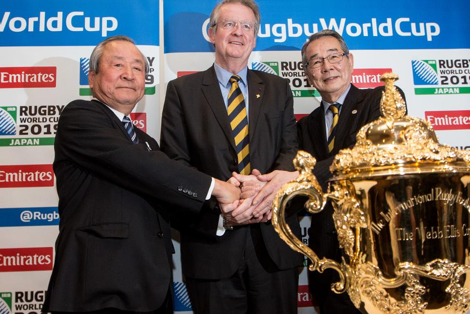Rugby World Cup chairman and World Rugby President Bernard Lapasset (centre) helped launch the venues for Japan 2019 ©World Rugby