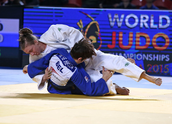 Finland's Jaana Sundberg white enjoyed a triumphant return to form by winning the women's under 52kg division with a victory in the final against Belgian veteran Ilse Heylem ©IJF