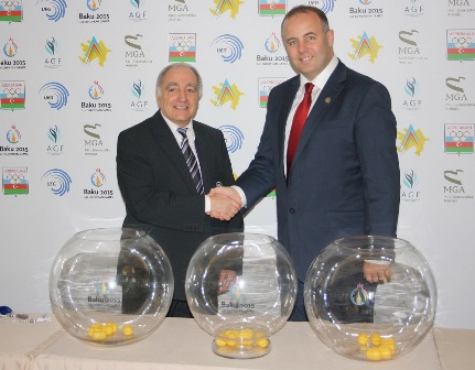 Georges Guelzec (left), European Union of Gymnastics President, with Pierce O'Callaghan (right), Baku 2015 director of sport, at the gymnastics test event ©Baku 2015