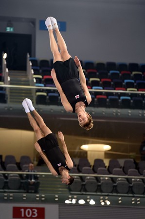 Georgia's Tengizi Koshkadze and Giorgi Putkaradze compete in the men's synchronised competition ©Baku 2015