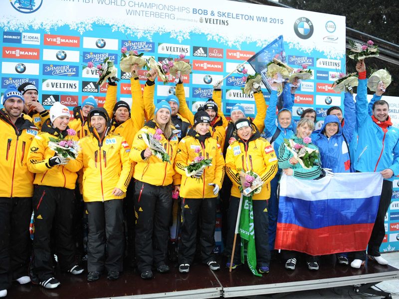 Germany dominated the mixed team event taking gold and silver ©FIBT