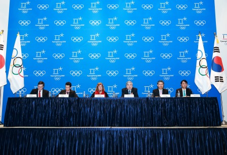 Gunilla Lindberg and Cho Yang-ho spoke alongside other officials including IOC Executive Director for the Olympic Games Christophe Dubi (second left) ©Pyeongchang 2018